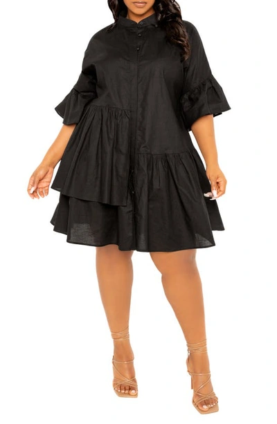 Shop Buxom Couture Flutter Sleeve Cotton & Linen Shift Dress In Black