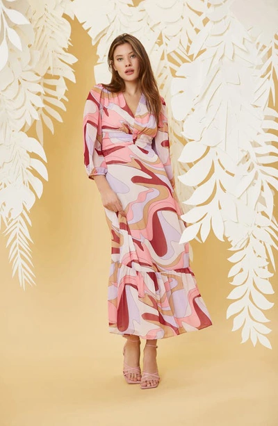 Shop Donna Morgan For Maggy Balloon Sleeve Maxi Dress In Pink Multi