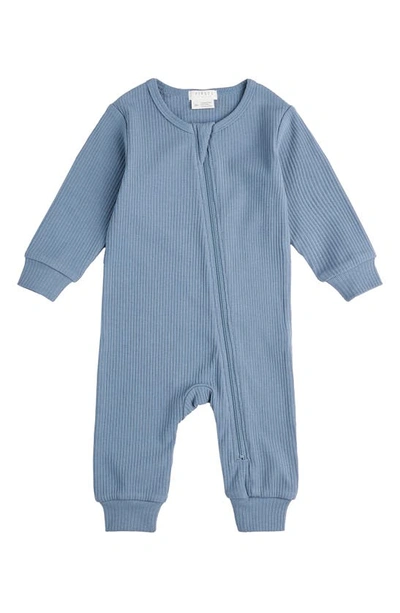 Shop Firsts By Petit Lem Organic Cotton & Modal Rib Fitted Pajama Romper In Blue Denim