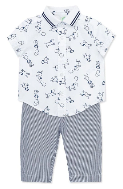 Shop Little Me Puppies Short Sleeve Cotton Button-up Shirt & Pants Set In Blue