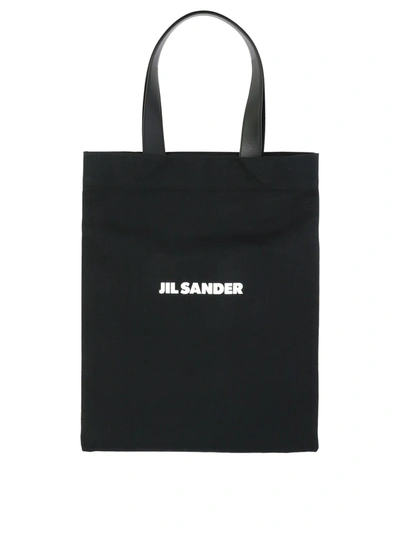 Jil Sander Logo Print Cotton-linen Blend Tote Bag In Black