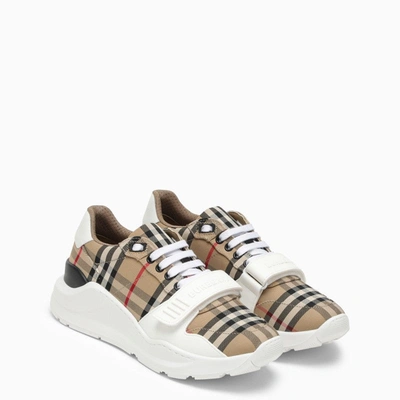 Shop Burberry Check Pattern Leather Sneaker Women In Cream