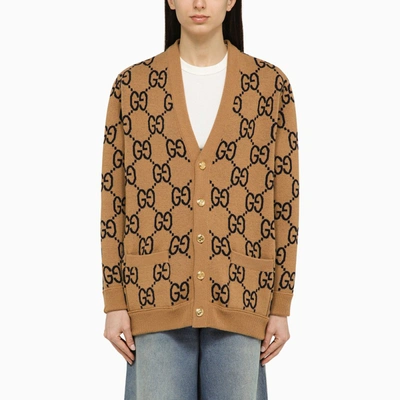 Shop Gucci Reversible Camel/blue Wool Cardigan Women In Brown