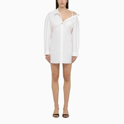 Shop Jacquemus White Asymmetrical Cotton Mini Chemisier Dress Women