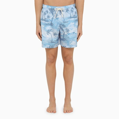 Shop Palm Angels Blue Swimming Costume With Sunset Print Men