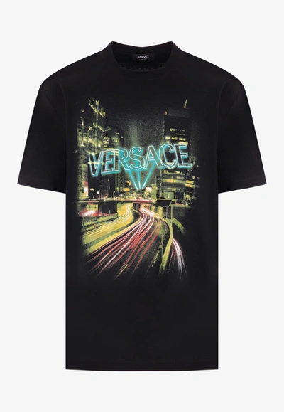 Shop Versace City Lights Print Crewneck T-shirt In Black