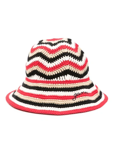 Shop Ganni Organic Cotton Crochet Bucket Hat In Red