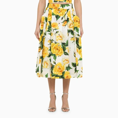Shop Dolce & Gabbana Rose Print Cotton Pencil Skirt In Yellow