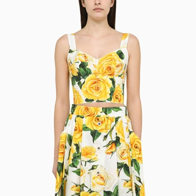 Shop Dolce & Gabbana Rose Print Bustier Top In Cotton In Yellow