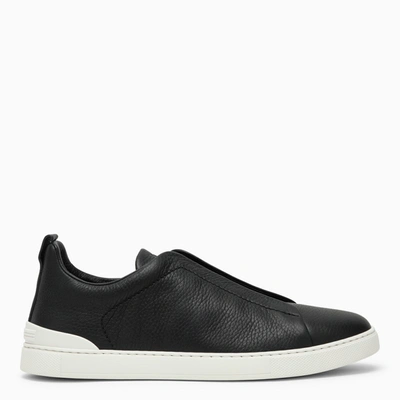 Shop Zegna Navy Blue Leather Triple Stitch Sneakers