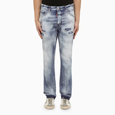 Shop Dsquared2 Navy Blue Washed Jeans With Denim Wear In Light Blue