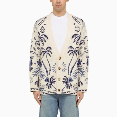 Shop Alanui | White/blue Jacquard Cardigan In Wool And Cotton