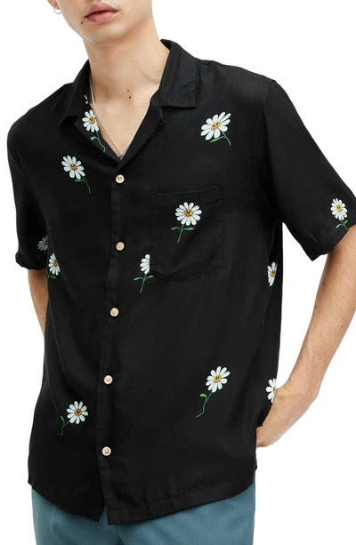 Shop Allsaints Daisical Floral Relaxed Fit Camp Shirt In Jet Black