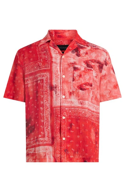 Shop Allsaints Tijuana Bandana Print Short Sleeve Cotton Button-up Shirt In Apple Red