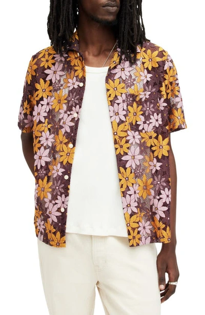 Shop Allsaints Visalia Floral Lace Camp Shirt In Lapis Purple