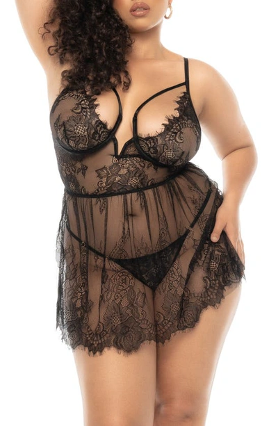 Shop Mapalé Underwire Eyelash Lace Babydoll & G-string Set In Black