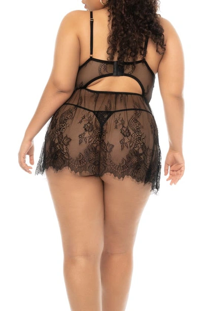 Shop Mapalé Underwire Eyelash Lace Babydoll & G-string Set In Black