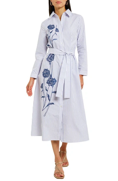 Shop Misook Floral Embroidered Long Sleeve Midi Shirtdress In Mazarine/ White