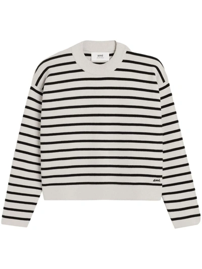 Shop Ami Alexandre Mattiussi Ami Paris Striped Organic Cotton Sweater In White