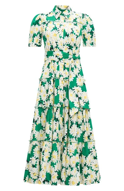 Shop Diane Von Furstenberg Queena Tie Belt Stretch Cotton Midi Dress In Vintage Daisies Med Green