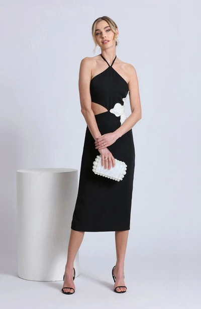 Shop Avec Les Filles Floral Appliqué Cutout Halter Midi Dress In Black/ White