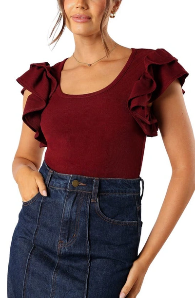 Shop Petal And Pup Petal & Pup Loren Ruffle Sleeve Rib Top In Burgundy