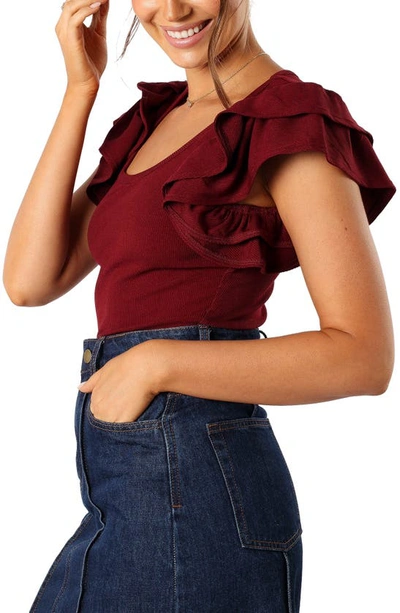 Shop Petal And Pup Petal & Pup Loren Ruffle Sleeve Rib Top In Burgundy