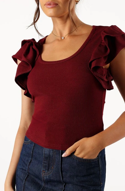 Shop Petal And Pup Petal & Pup Loren Ruffle Sleeve Rib Top In Burgundy