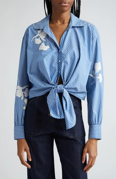 Shop Cinq À Sept Lya Beaded Floral Stripe Cotton Blend Shirt In Oxford Blue