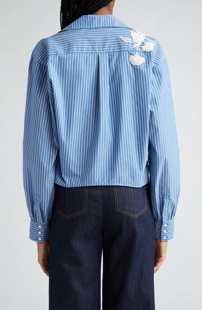 Shop Cinq À Sept Lya Beaded Floral Stripe Cotton Blend Shirt In Oxford Blue