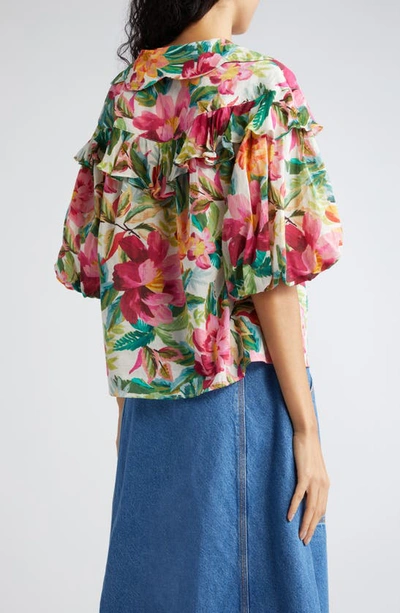 Shop Farm Rio Painted Flowers Ruffle Puff Sleeve Cotton Button-up Shirt In Painted Flowers Off-
