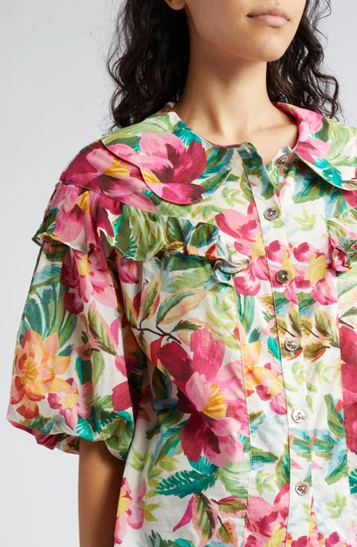 Shop Farm Rio Painted Flowers Ruffle Puff Sleeve Cotton Button-up Shirt In Painted Flowers Off-
