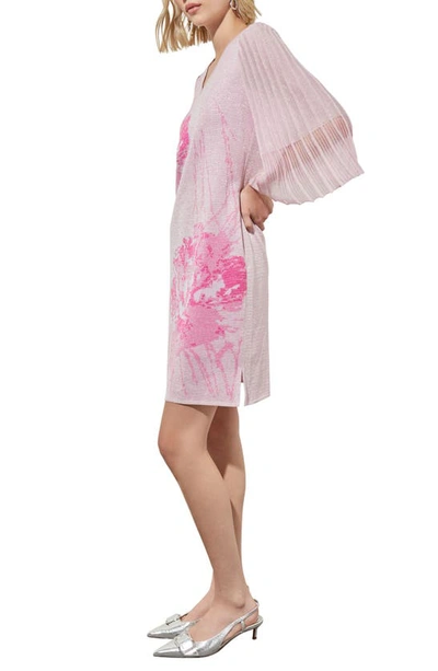 Shop Ming Wang Floral Print Metallic Pleated Sleeve Shift Dress In Perfect Pink/carmine Rose