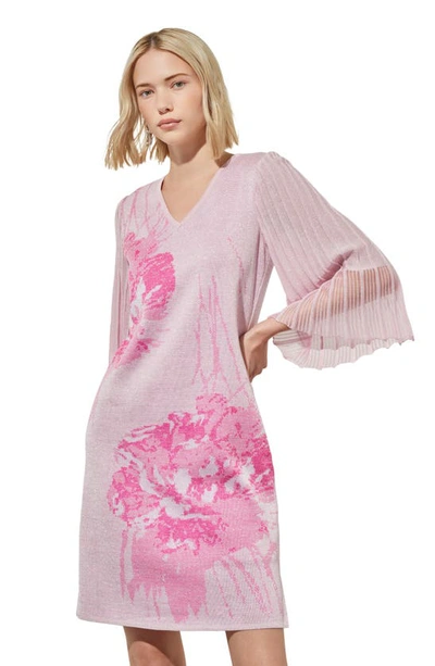 Shop Ming Wang Floral Print Metallic Pleated Sleeve Shift Dress In Perfect Pink/carmine Rose