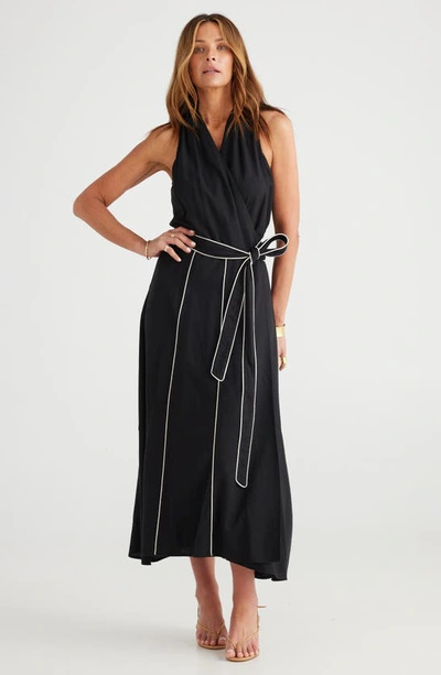 Shop Brave + True Ari Tie Waist Sleeveless Linen Blend Maxi Dress In Black/ White