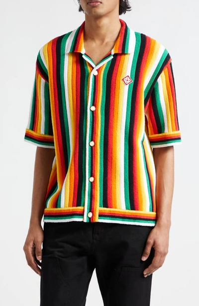 Shop Casablanca Stripe Terry Cloth Camp Shirt In Green Multi
