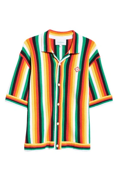 Shop Casablanca Stripe Terry Cloth Camp Shirt In Green Multi
