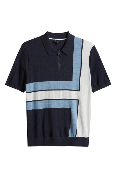 Shop Ted Baker Ambler Colorblock Short Sleeve Wool Polo Sweater In Navy