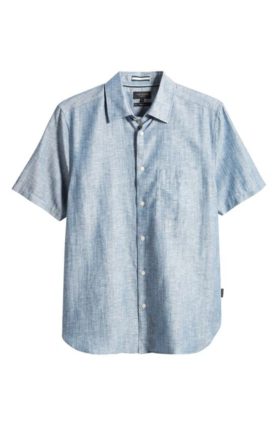 Shop Ted Baker Palomas Regular Fit Short Sleeve Linen & Cotton Button-up Shirt In Mid Blue