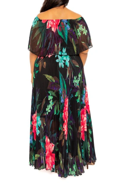 Shop Buxom Couture Floral Pleated Off The Shoulder Maxi Dress In Black Multi