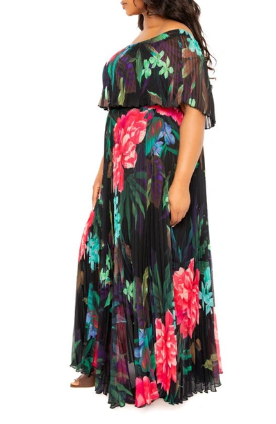 Shop Buxom Couture Floral Pleated Off The Shoulder Maxi Dress In Black Multi