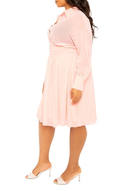 Shop Buxom Couture Cinch Waist Long Sleeve Chiffon Shirtdress In Pastel Pink