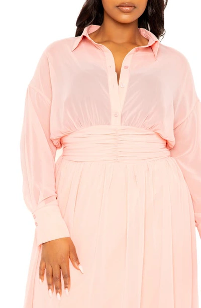Shop Buxom Couture Cinch Waist Long Sleeve Chiffon Shirtdress In Pastel Pink