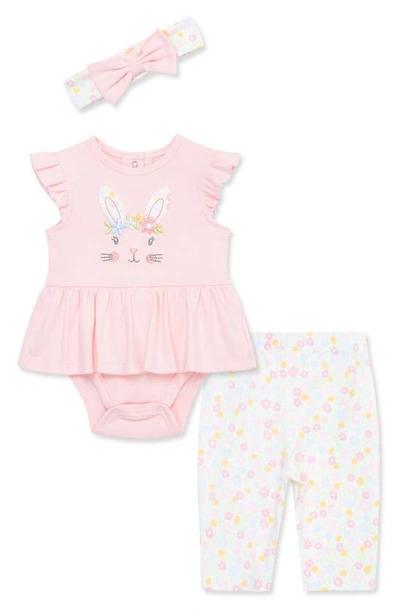 Shop Little Me Bunny Bodysuit, Leggings & Headband Set In Pink