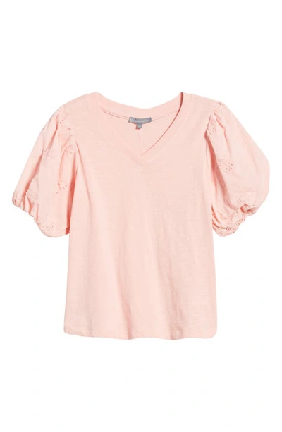 Shop Wit & Wisdom Embroidered Puff Sleeve V-neck Top In Strawberry Cream
