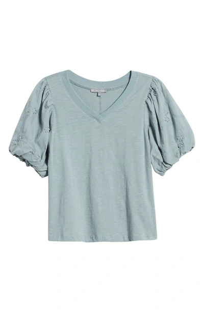 Shop Wit & Wisdom Embroidered Puff Sleeve V-neck Top In Dusty Slate