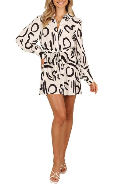 Petal And Pup Cosmo Belted Long Sleeve Linen Blend Mini Shirtdress In White/ Black