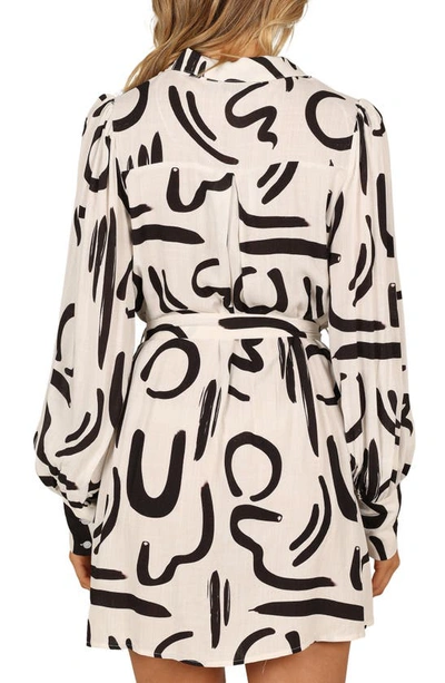 Petal And Pup Cosmo Belted Long Sleeve Linen Blend Mini Shirtdress In White/ Black