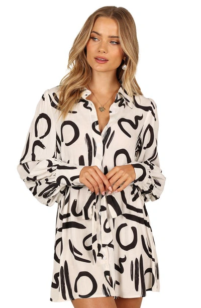 Petal And Pup Cosmo Belted Long Sleeve Linen Blend Mini Shirtdress In White/ Black