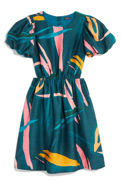 Shop Vineyard Vines Print Puff Sleeve Cutout Linen Blend Dress In Tropical Absrt-blue